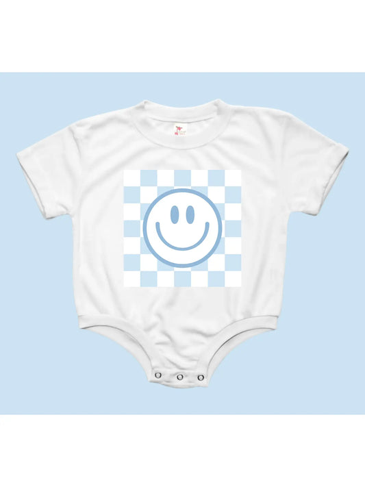 Blue Checkered Smiley Bubble Romper